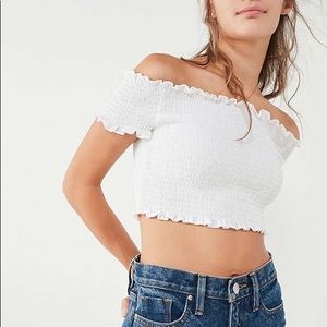 Ecote Smocked Ruffle Cropped White Top, Size XS